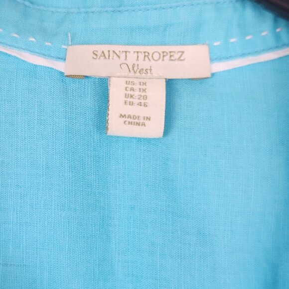 Saint Tropez West Size 1X Blue Linen Blend 3/4 Roll Tab Sleeve Top Blouse - Picture 5 of 7
